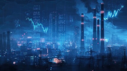 Futuristic city skyline at night with stock market graph overlay.