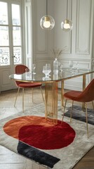 A chic dining area features a geometric rug, mirrored table, and elegant lighting for a refined ambiance