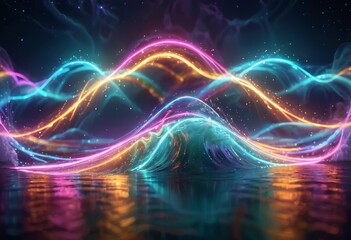 Obraz premium Vibrant abstract waves in neon colors flow smoothly on a dark background, creating a futuristic and dynamic visual effect. Concept of motion and energy