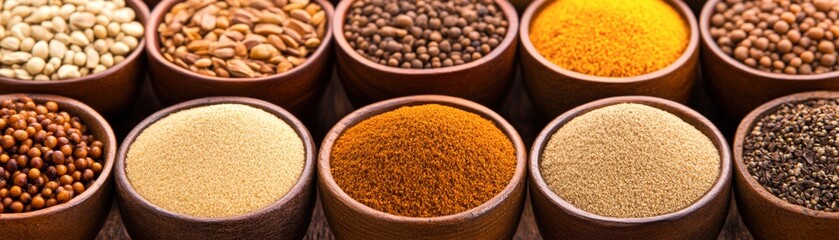 A vibrant arrangement of various spices in wooden bowls, showcasing natural colors and textures, Ideal for culinary blogs, recipe books, or health articles highlighting spices and their benefits,
