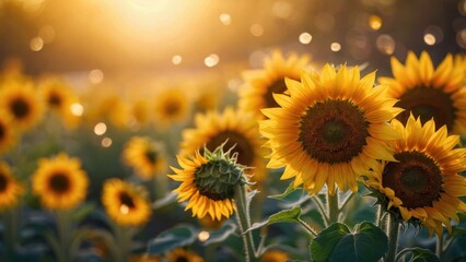 Fototapeta premium Field of Golden Sunflowers Illuminated by Warm Evening Glow
