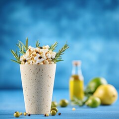 Chilled oat milkshake with rosemary and oat topping in tall glass against a blue gradient background for a minimalist drink stock image
