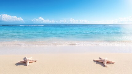 Sandy beach scene featuring two starfish beside gentle waves under a clear blue sky, Ideal for travel blogs, vacation brochures, or relaxation-themed projects,