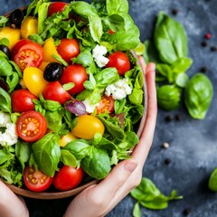 Fresh green salad with cherry tomatoes, cucumbers, and spinach leaves in wooden bowl for vibrant and healthy recipe photography