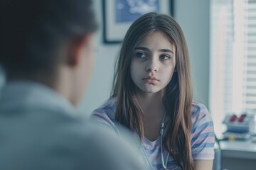 Fototapeta premium Teenage girl seeks help for depression at doctors office.