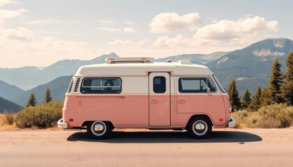 Retro Camper Van in a Scenic Mountain Landscape, Embodying Freedom and Wanderlust