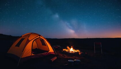 Peaceful Camping Scene Under a Starry Night Sky with Tents and a Campfire