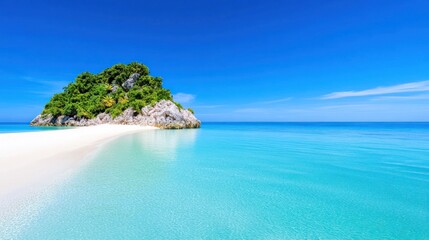 Fototapeta premium Serene tropical island with clear blue waters and sandy beach.