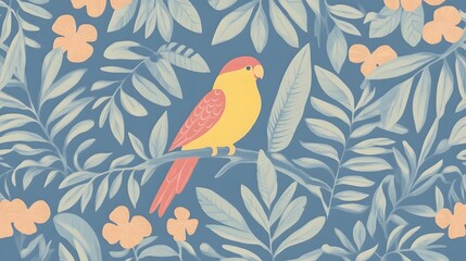 Obraz premium Colorful Parrot Perched Among Tropical Leaves and Flowers on a Soft Blue Background, Ideal for Nature-Themed Designs and Illustrations