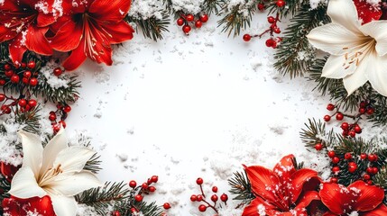 Festive Christmas Frame with Red and White Flowers, Berries, and Snow for Holiday Celebrations and Seasonal Decor or Greeting Card Design
