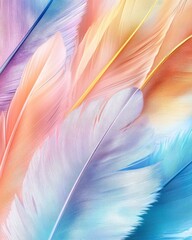 Naklejka premium Vibrant pastel feathers in shades of pink, blue, and gold create a dreamy and ethereal background.