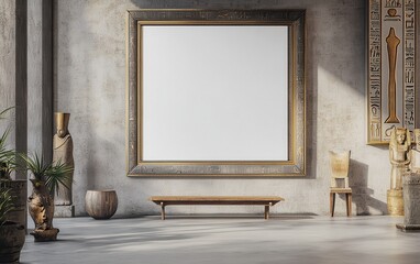 Blank white canvas framed in brass, hanging in a gallery with ancient Egyptian hieroglyphs and artifacts, reflecting the deep history and mystery of ancient civilizations 