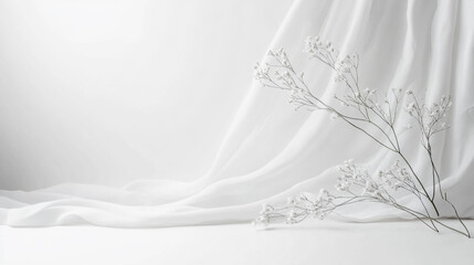 Delicate white flowers against soft fabric background in minimalist design setting