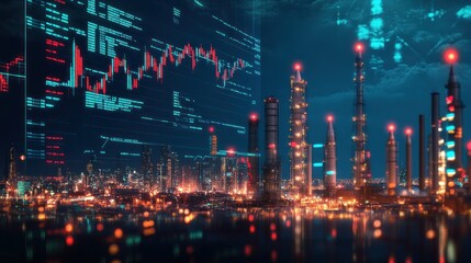 Night city skyline with oil refinery and stock market data overlay.
