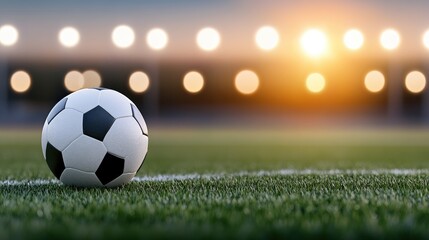 Fototapeta premium A soccer ball is positioned on the field inside a stadium as bright lights illuminate the surroundings in the evening.