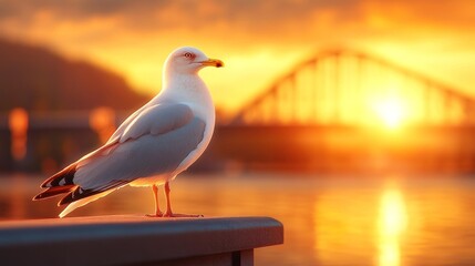 Obraz premium Seagull perched with modern bridge background. Generative AI