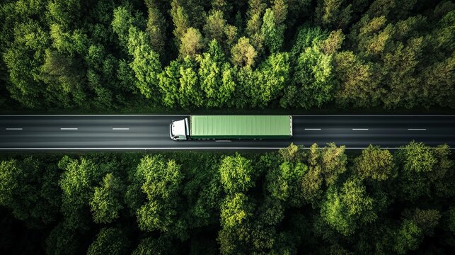 Aerial View of a Truck on a Forest Road - Scenic Transport Through Nature - Powered by Adobe