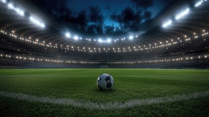 A soccer ball is positioned on the field inside a stadium as bright lights illuminate the surroundings in the evening.