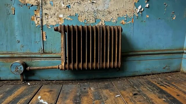 Old radiator against a distressed blue wall in an abandoned room with peeling paint and wooden floor