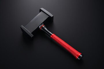 a close up of a hammer with a red handle on a black surface