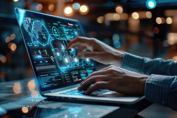 designer moving hands working with laptop computer and digital web design diagram as concept