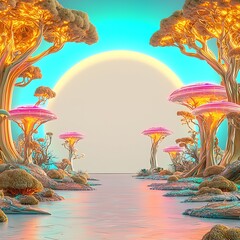 Fototapeta premium Conceptual Futuristic Scene Featuring Adaptive AI Elements in a Surreal Landscape with Vibrant Colors and Unique Flora
