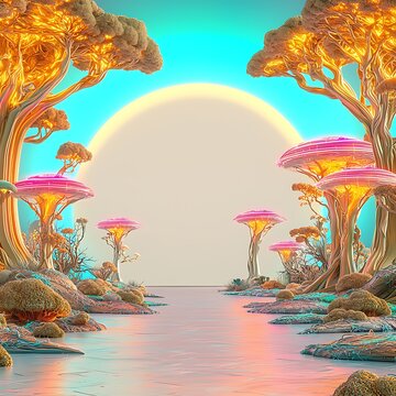 Conceptual Futuristic Scene Featuring Adaptive AI Elements in a Surreal Landscape with Vibrant Colors and Unique Flora