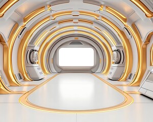 Obraz premium Futuristic Dynamic Space Featuring Illuminated Curved Walls and High-Tech Equipment for AI Research and Enhanced Perception in a Modern Hub Environment
