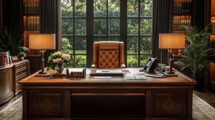 Luxurious Home Office with Large Windows and Wooden Desk