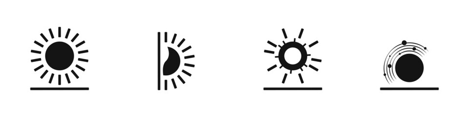 Set of abstract sun icons. Black sun icon. Solar energy logo vector. Collection of futuristic sun rays icons isolated on white background. Alternative energy sun vector.