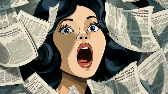 A woman gasps in astonishment as she stands amidst swirling sheets of paper, her wide eyes reflecting shock. The urban backdrop hints at a bustling environment filled with information overload