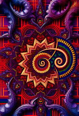 Psychedelic digital artwork with mosaic spiral pattern in the center and 3D tentacles at sides