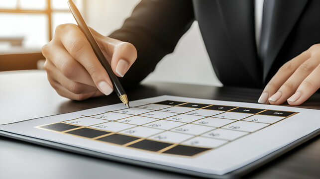 Scheduling Appointments,  A Businessperson Carefully Writes Dates on a Monthly Calendar to Plan their Week and Manage Time Efficiently.