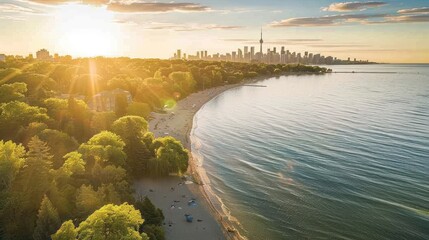 Obraz premium Aerial sunset view of Toronto skyline, beach, and park.