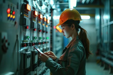 Side view of female engineer programming fuse box through smart phone at power station