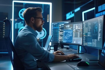 Smart male IT programmer working on software development and website design.