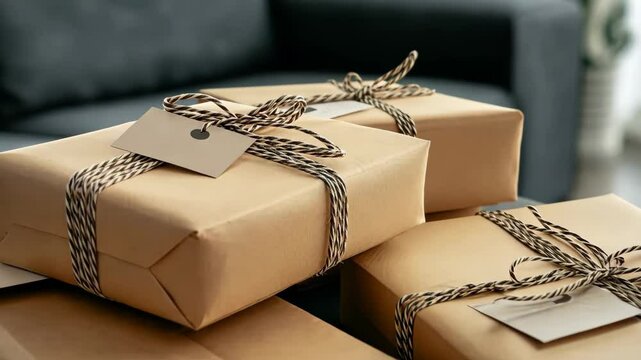 In a warm and inviting space, elegantly wrapped gifts sit atop a soft surface, showcasing delightful details like twine and tags, ready for joyful moments ahead