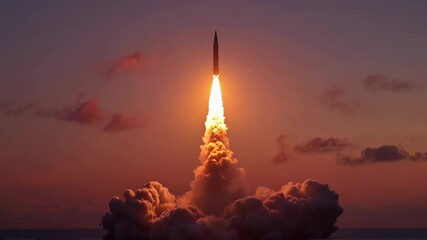 Witness a Spectacular Rocket Launch Over the Ocean as the Sun Sets at Dusk, a Breathtaking Event