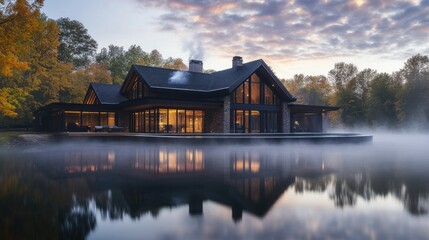 Fototapeta premium Modern house on lake at sunrise.