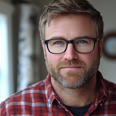 Portrait of a bearded Caucasian man with glasses, smiling warmly in a cozy indoor setting.