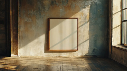 Empty wooden frame is positioned in a sunlit room with vintage walls and wooden floor