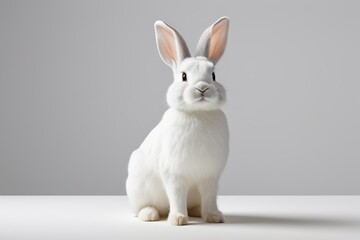 Obraz premium there is a white rabbit sitting on a table with a gray background