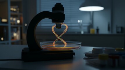 Microscope displaying intricate genetic modification process, symbolizing advanced scientific research and potential for biotechnology breakthroughs.