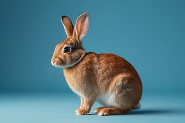 there is a brown rabbit sitting on a blue surface