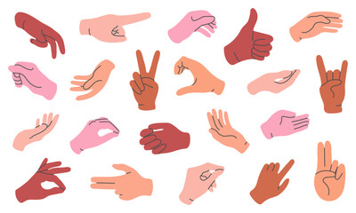Various hand gestures in a minimalistic style. Hands in diverse skin tones showing gestures like thumbs up, peace sign, and pointing. Perfect for infographics, social media, and design projects.