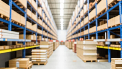 Obraz premium Warehouse industry blur background with logistic wholesale storehouse, blurry industrial silo interior aisle for furniture merchandise inventory and wood material, construction supplies big box store