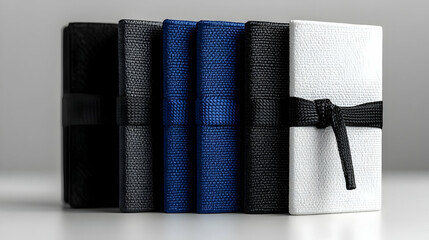 Elegant Fabric-Bound Books in Various Colors: A Collection of Stylish Textured Notebooks Tied with Black Straps, Displayed on a Neutral Background
