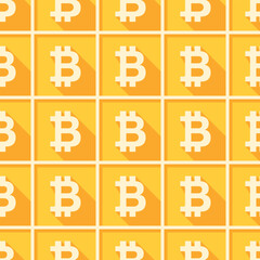 Bitcoin long shadow white square icons on yellow checkered background. Vector seamless pattern.