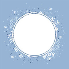 Vector banner. Round frame with copy space. White snowflakes and confetti on soft blue background. Best for polygraphy, print and web.
