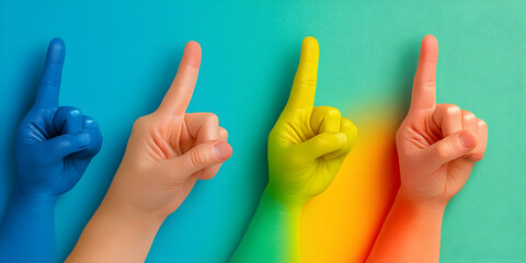 Fototapeta premium Colorful Hands Pointing Up, A vibrant image of four hands painted in different colors, each with an index finger pointing upwards, suggesting unity, diversity, and ideas.